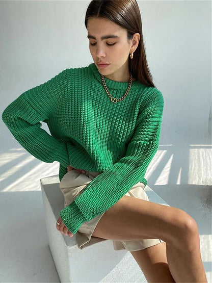 Sweaters- Crew Neck Loose Sweater for Chill Days- Dark green- IndioGear.com