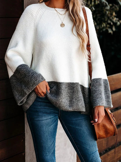 Sweaters- Crewneck Oversized Patchwork Sweaters- White- IndioGear.com