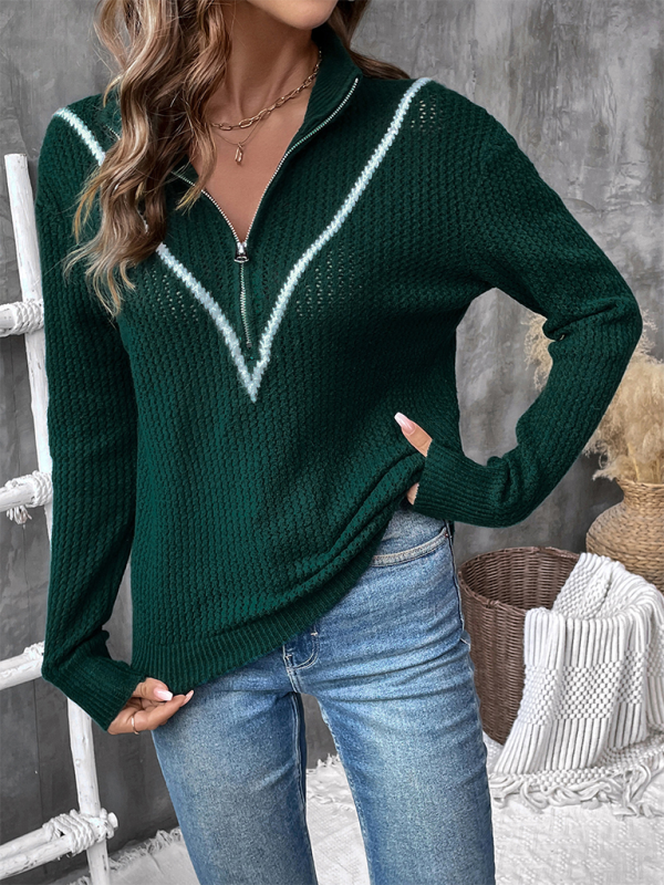 Sweaters- Deep Green Zip-Up Sweater Jumper for Women- - IndioGear.com