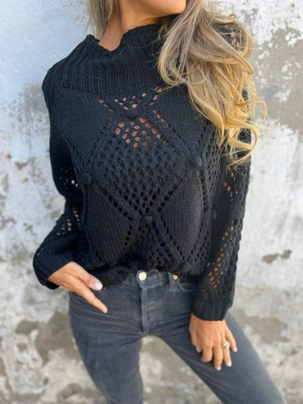 Sweaters- Diamond Open-Knit Sweater Transitional Layering- Black- IndioGear.com