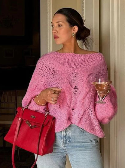 Sweaters- Distressed Sweater Modern Knit Jumper for Trendy Layering- Pink- IndioGear.com