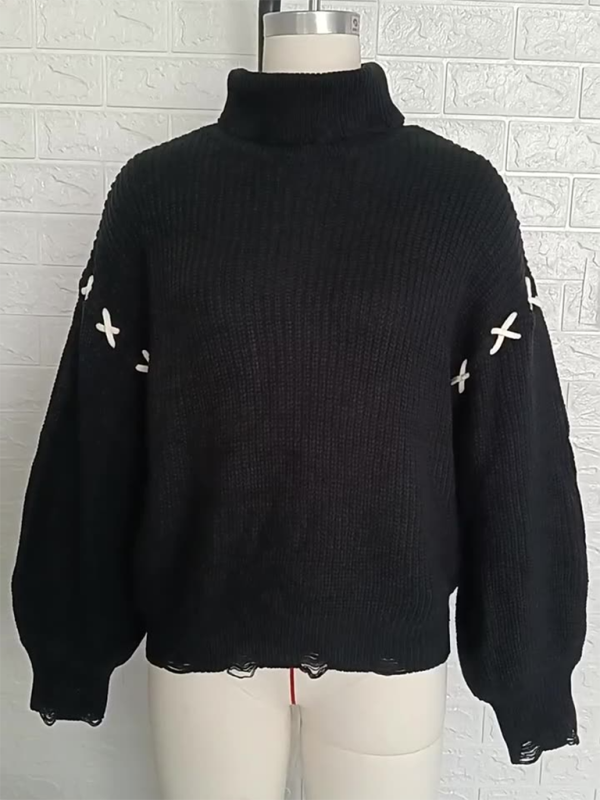 Sweaters- Edgy Black Turtleneck Sweater Halloween Jumper- - IndioGear.com