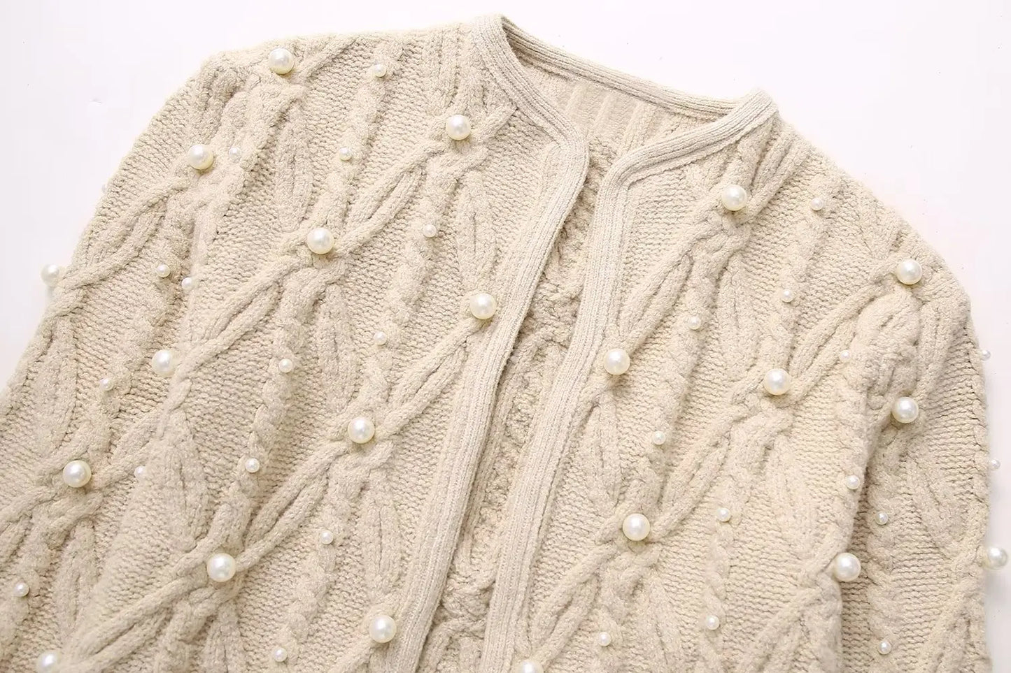 Sweaters- Elegant Pearl-Embellished Cable Knit Sweater- - Chuzko Women Clothing