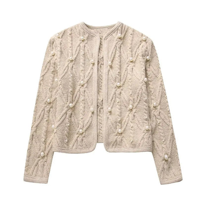 Sweaters- Elegant Pearl-Embellished Cable Knit Sweater- Khaki Pearl- Chuzko Women Clothing