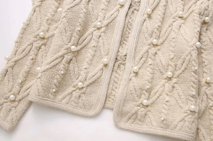 Sweaters- Elegant Pearl-Embellished Cable Knit Sweater- - Chuzko Women Clothing