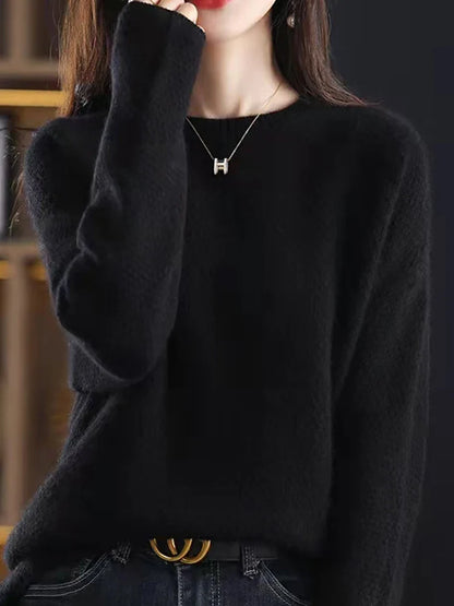 Sweaters- Elegant Winter Ivory Thick Wool Sweater Merino Jumper- Black- IndioGear Women Clothing