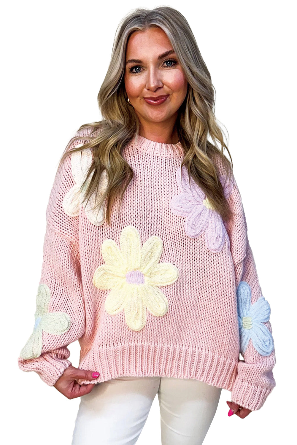 Sweaters- Embroidered Floral Crew Neck Sweater Knit Pullover- - IndioGear Women Clothing