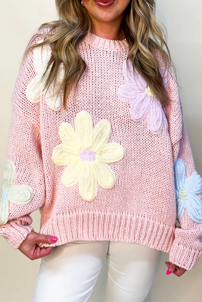 Sweaters- Embroidered Floral Crew Neck Sweater Knit Pullover- Pink- IndioGear Women Clothing