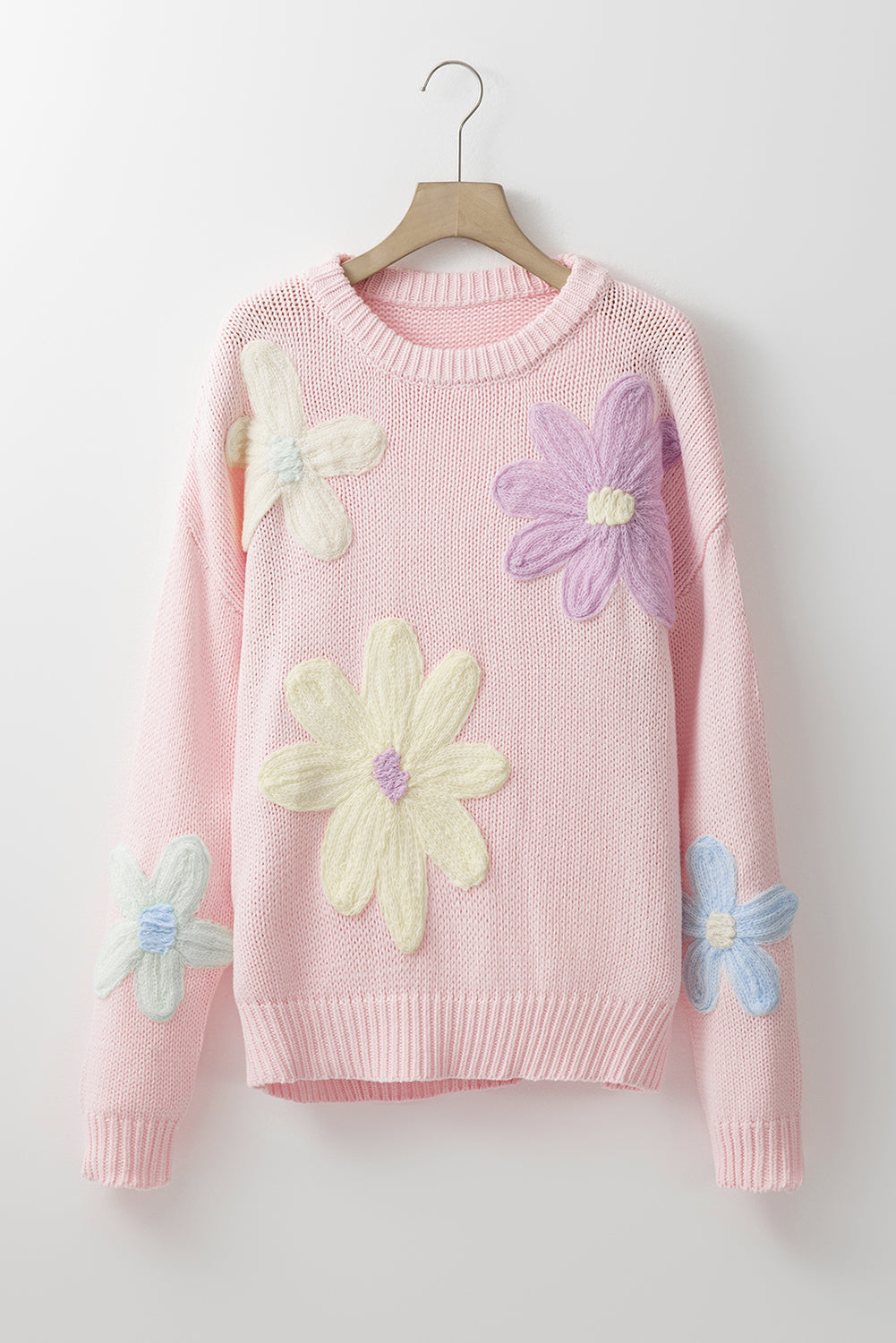 Sweaters- Embroidered Floral Crew Neck Sweater Knit Pullover- - IndioGear Women Clothing