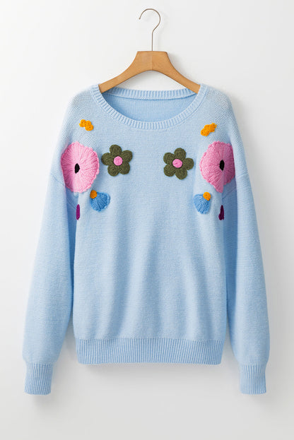 Sweaters- Embroidered Floral Knit Sweater- - IndioGear Women Clothing