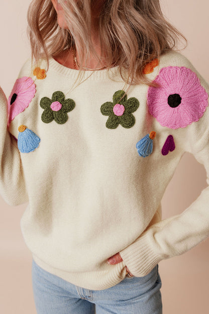 Sweaters- Embroidered Floral Knit Sweater- - IndioGear Women Clothing