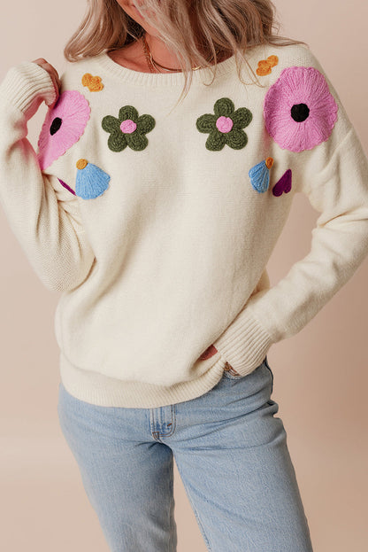 Sweaters- Embroidered Floral Knit Sweater- Beige- IndioGear Women Clothing