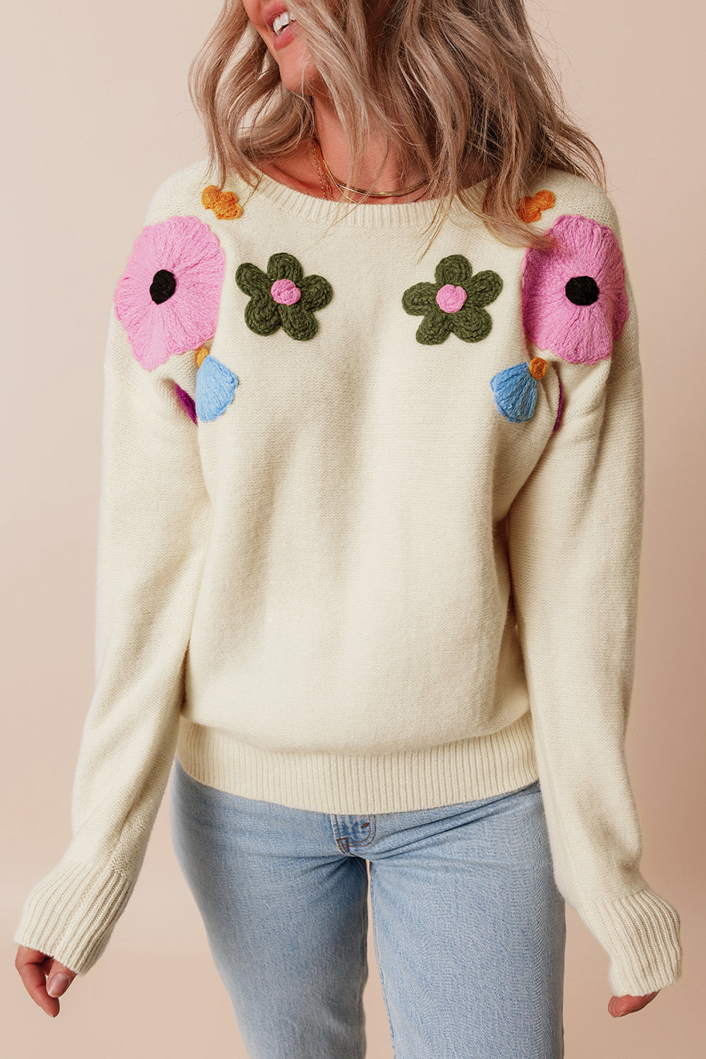 Sweaters- Embroidered Floral Knit Sweater- - IndioGear Women Clothing