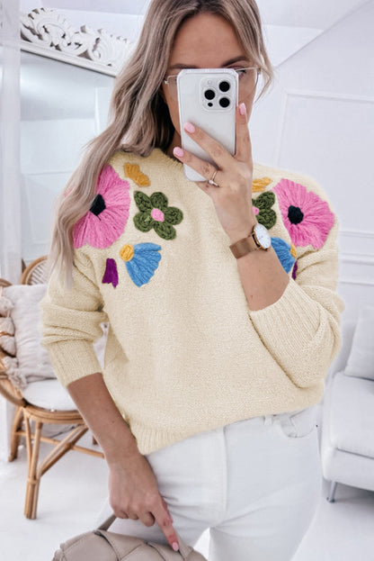 Sweaters- Embroidered Floral Knit Sweater- - IndioGear Women Clothing