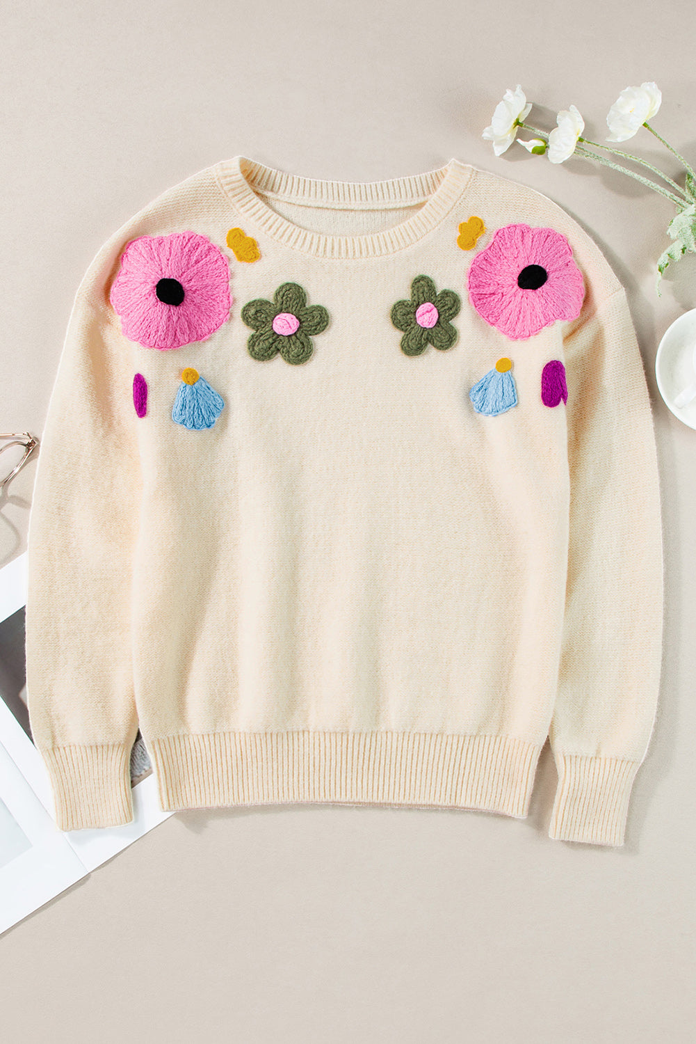 Sweaters- Embroidered Floral Knit Sweater- - IndioGear Women Clothing