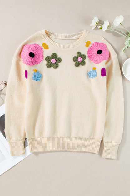 Sweaters- Embroidered Floral Knit Sweater- - IndioGear Women Clothing