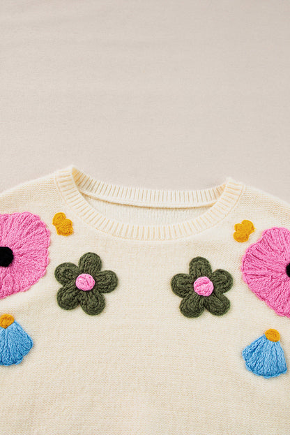 Sweaters- Embroidered Floral Knit Sweater- - IndioGear Women Clothing