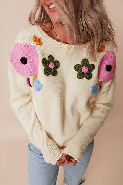 Sweaters- Embroidered Floral Knit Sweater- - IndioGear Women Clothing