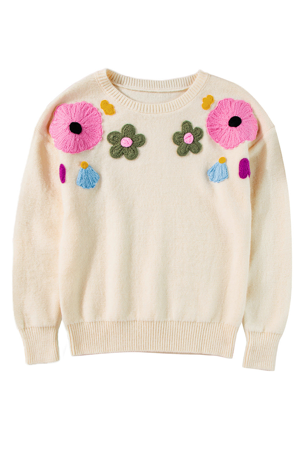 Sweaters- Embroidered Floral Knit Sweater- - IndioGear Women Clothing