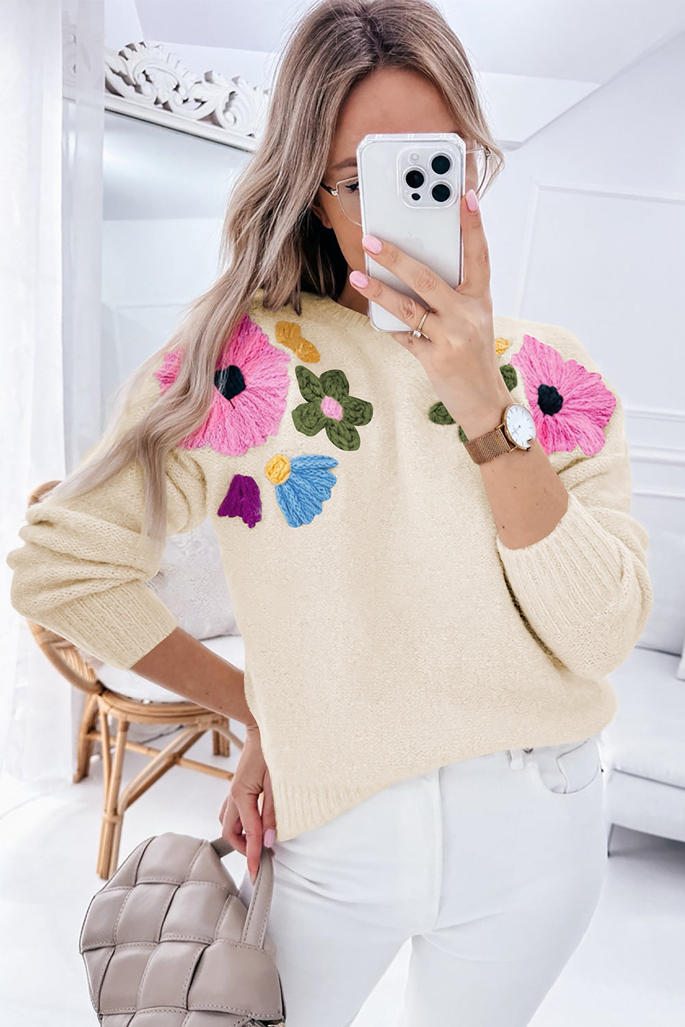 Sweaters- Embroidered Floral Knit Sweater- - IndioGear Women Clothing