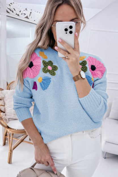 Sweaters- Embroidered Floral Knit Sweater- - IndioGear Women Clothing