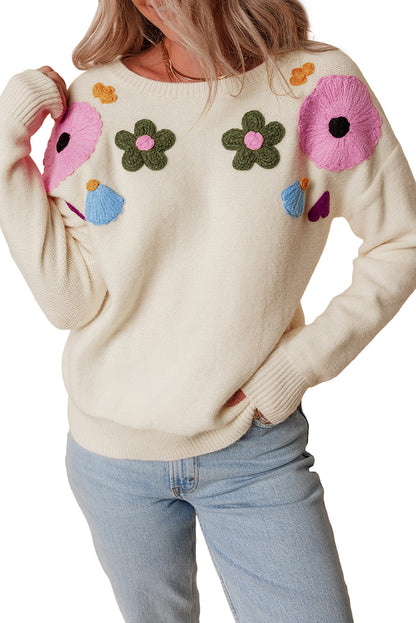 Sweaters- Embroidered Floral Knit Sweater- - IndioGear Women Clothing