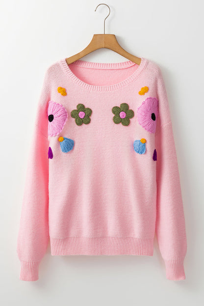 Sweaters- Embroidered Floral Knit Sweater- - IndioGear Women Clothing