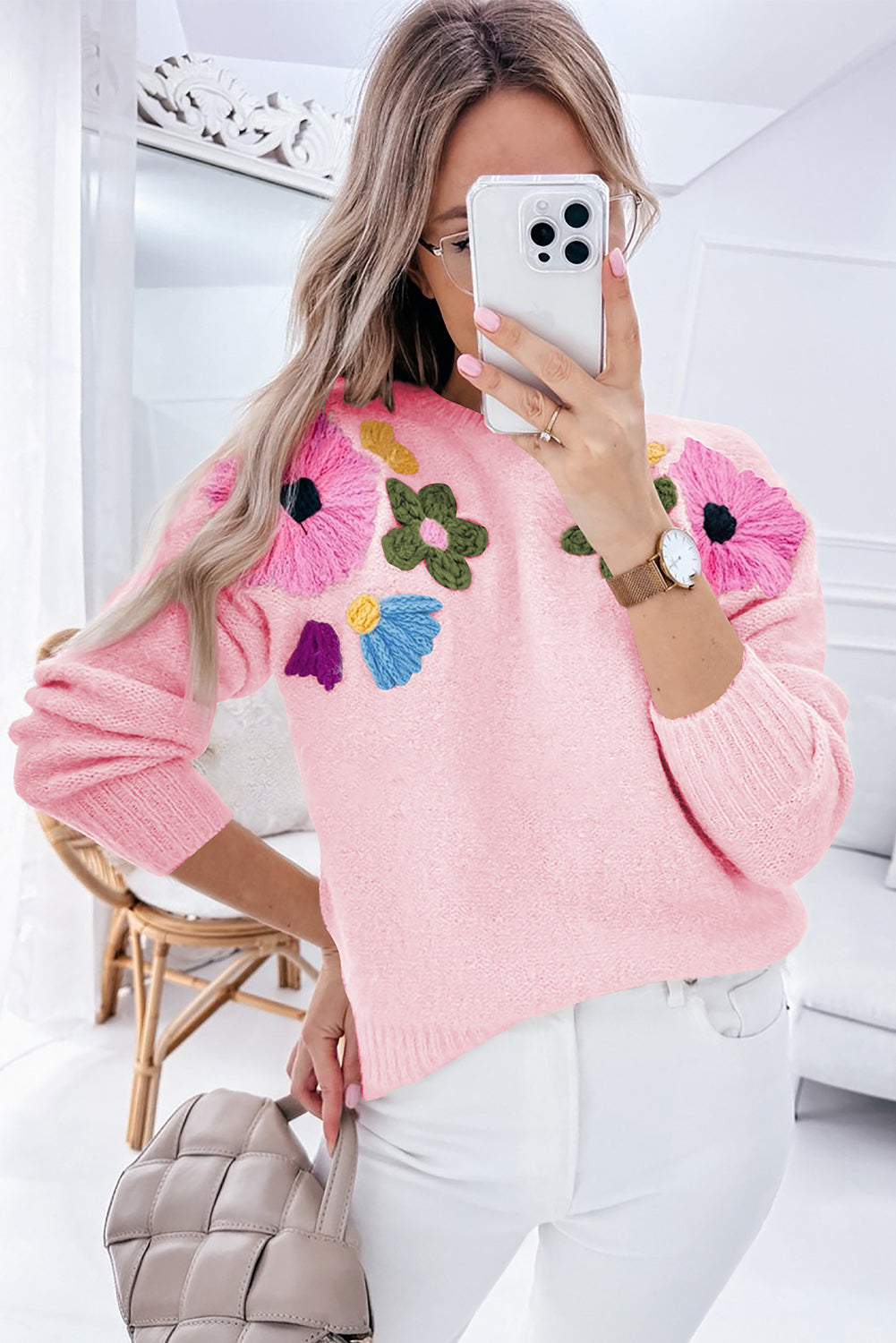 Sweaters- Embroidered Floral Knit Sweater- - IndioGear Women Clothing