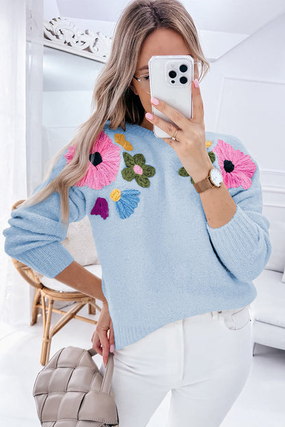 Sweaters- Embroidered Floral Knit Sweater- - IndioGear Women Clothing