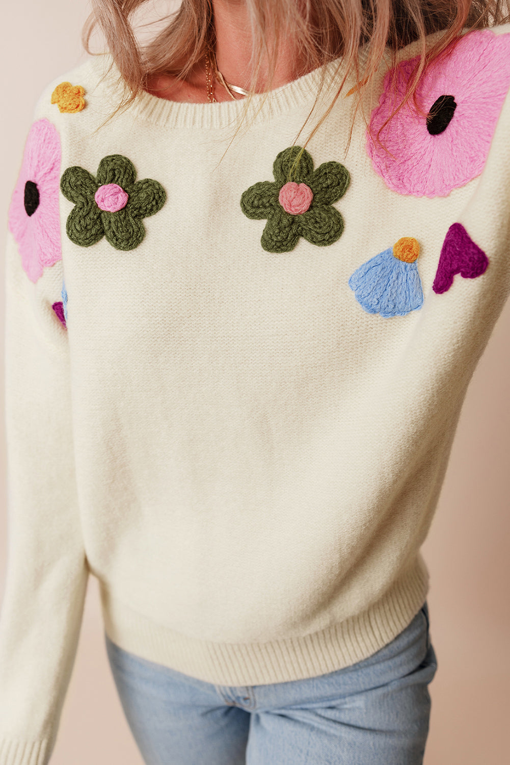 Sweaters- Embroidered Floral Knit Sweater- - IndioGear Women Clothing