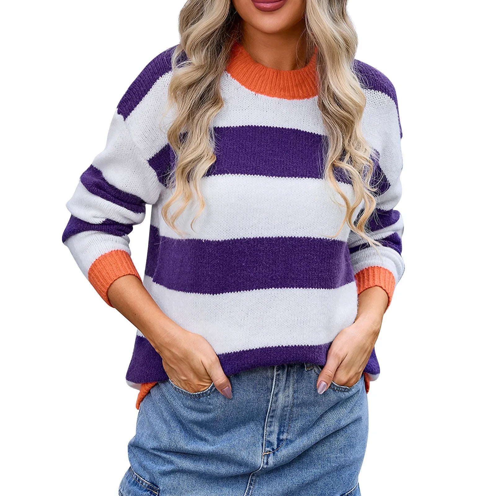 Sweaters- Essential Stripes Crewneck Jumper - Women’s Comfy Wear Sweater- Purple- IndioGear.com