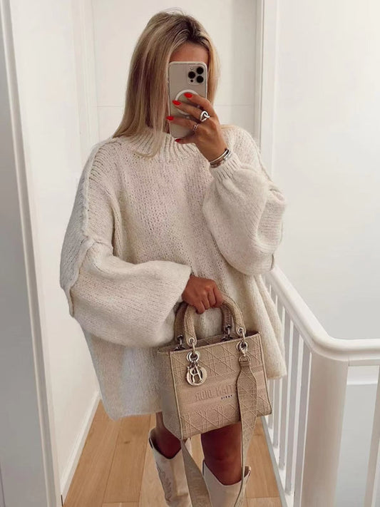 Sweaters- Exposed Seam Sweater Knit Oversized Jumper- Cracker khaki- IndioGear Women Clothing