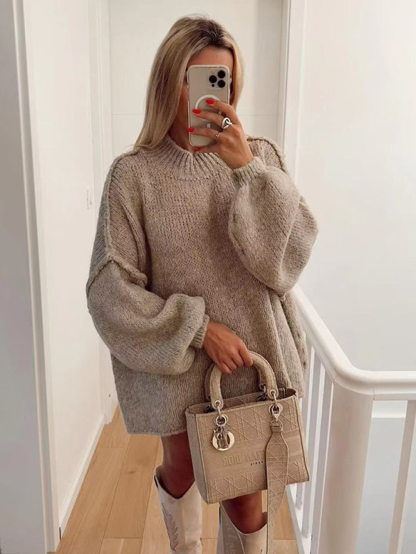 Sweaters- Exposed Seam Sweater Knit Oversized Jumper- Khaki- IndioGear Women Clothing