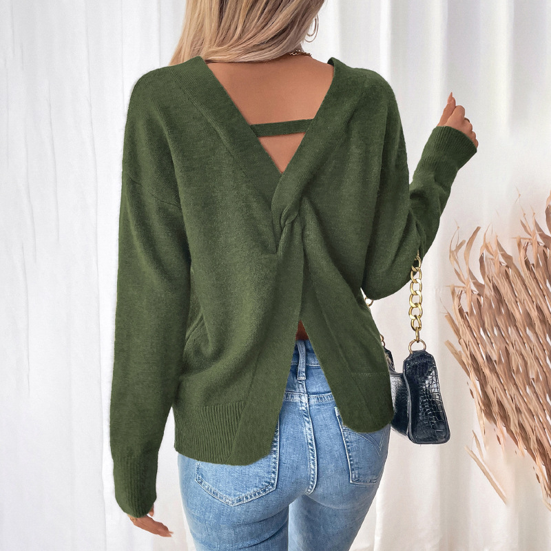 Sweaters- Fall Twist-Back V-Neck Knit Sweater- - IndioGear.com