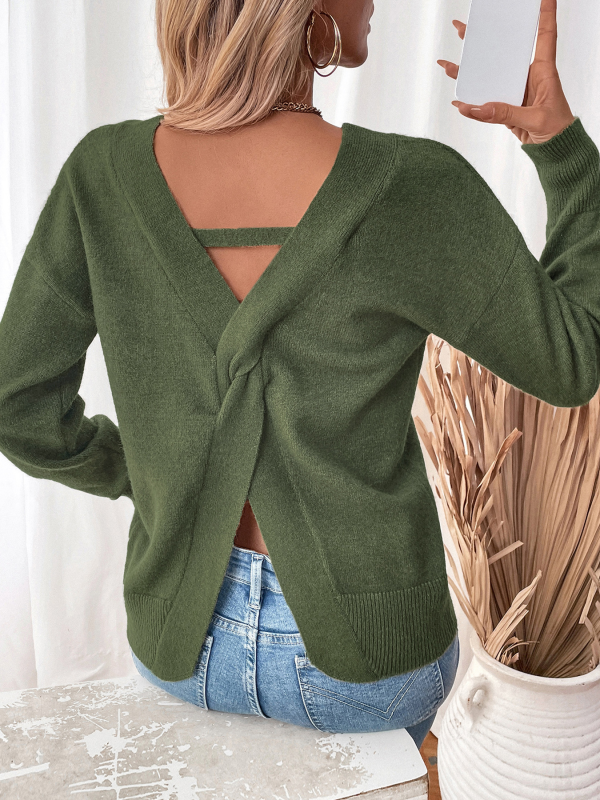 Sweaters- Fall Twist-Back V-Neck Knit Sweater- - IndioGear.com