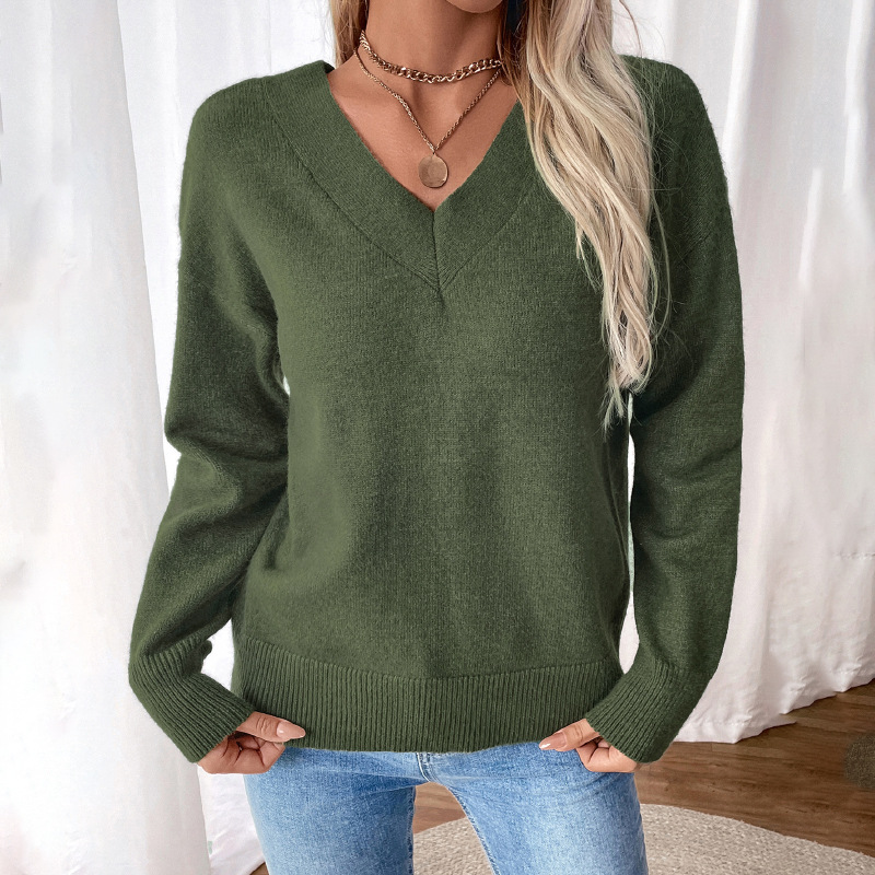 Sweaters- Fall Twist-Back V-Neck Knit Sweater- - IndioGear.com