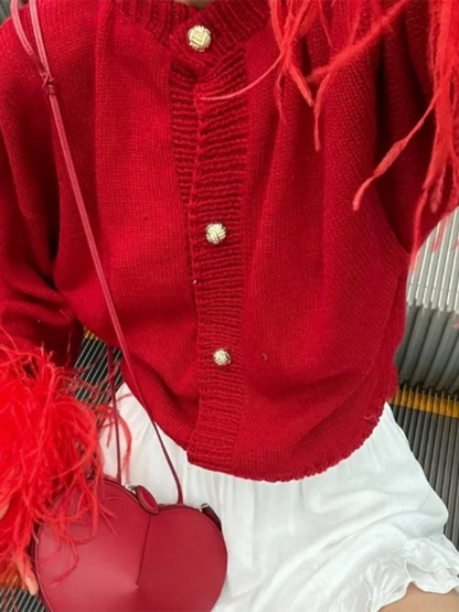 Sweaters- Feather-Cuffed Sweater Elegant Cardigan- - IndioGear.com