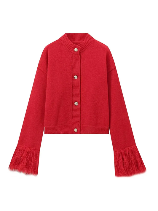 Sweaters- Feather-Cuffed Sweater Elegant Cardigan- Red- IndioGear.com