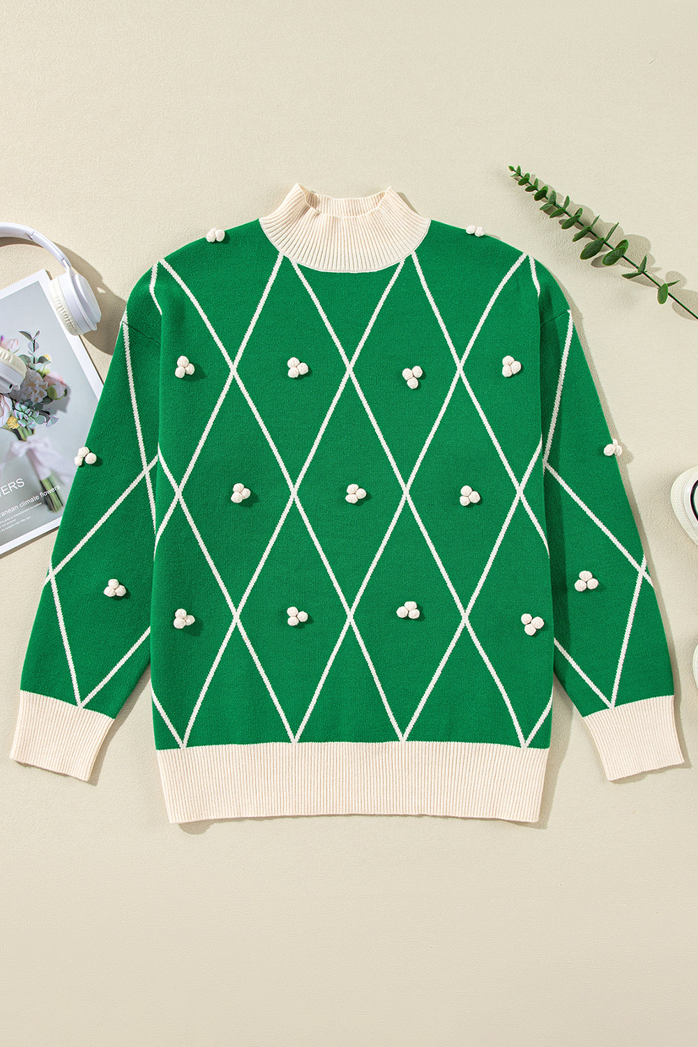 Sweaters- Festive Diamond Pattern Knit Sweater with Pom Accents- - IndioGear Women Clothing