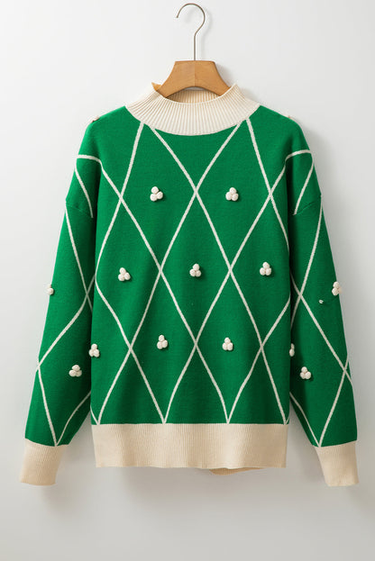 Sweaters- Festive Diamond Pattern Knit Sweater with Pom Accents- - IndioGear Women Clothing