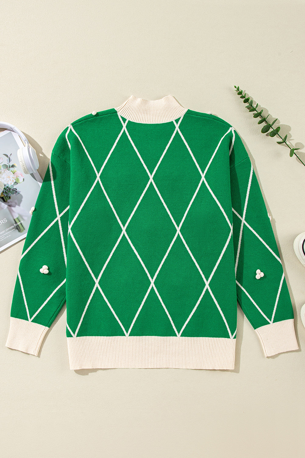 Sweaters- Festive Diamond Pattern Knit Sweater with Pom Accents- - IndioGear Women Clothing