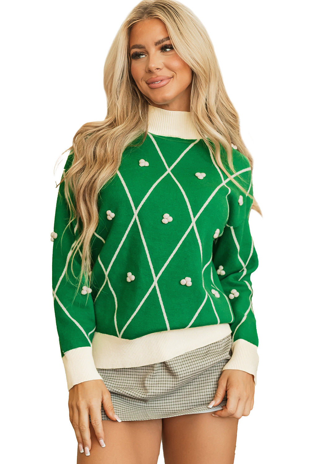 Sweaters- Festive Diamond Pattern Knit Sweater with Pom Accents- - IndioGear Women Clothing