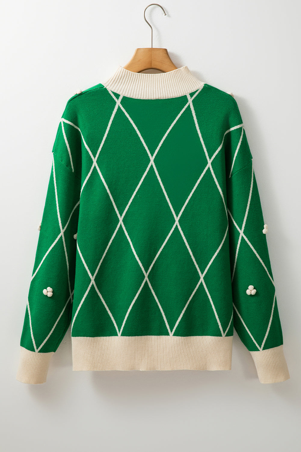 Sweaters- Festive Diamond Pattern Knit Sweater with Pom Accents- - IndioGear Women Clothing