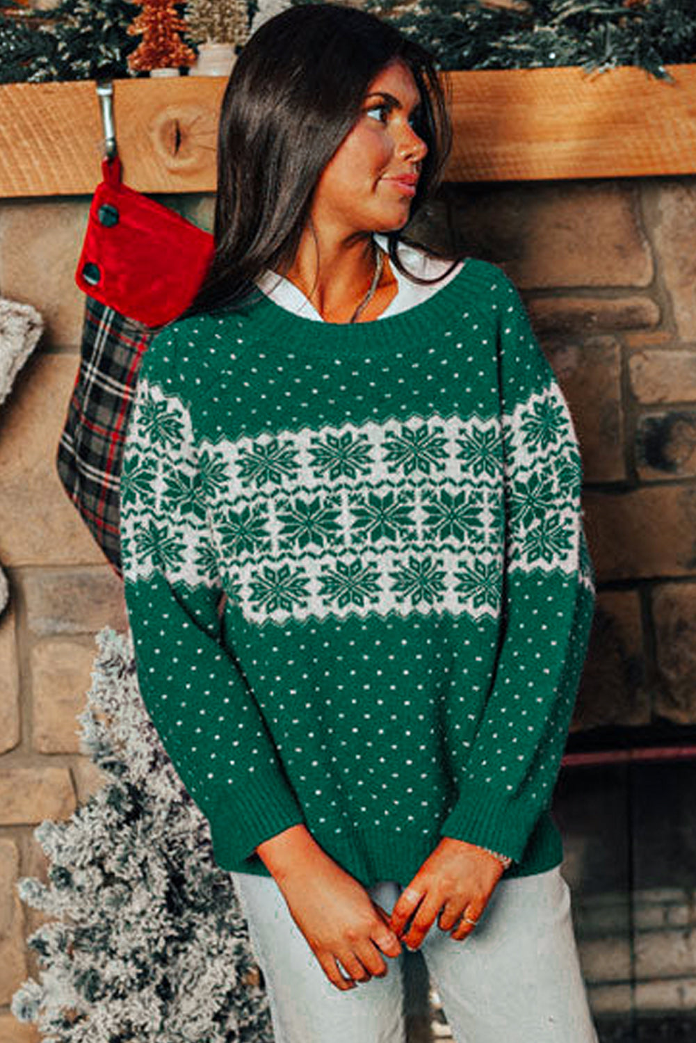 Sweaters- Festive Snowflake Christmas Sweater Holiday Jumper- - IndioGear Women Clothing