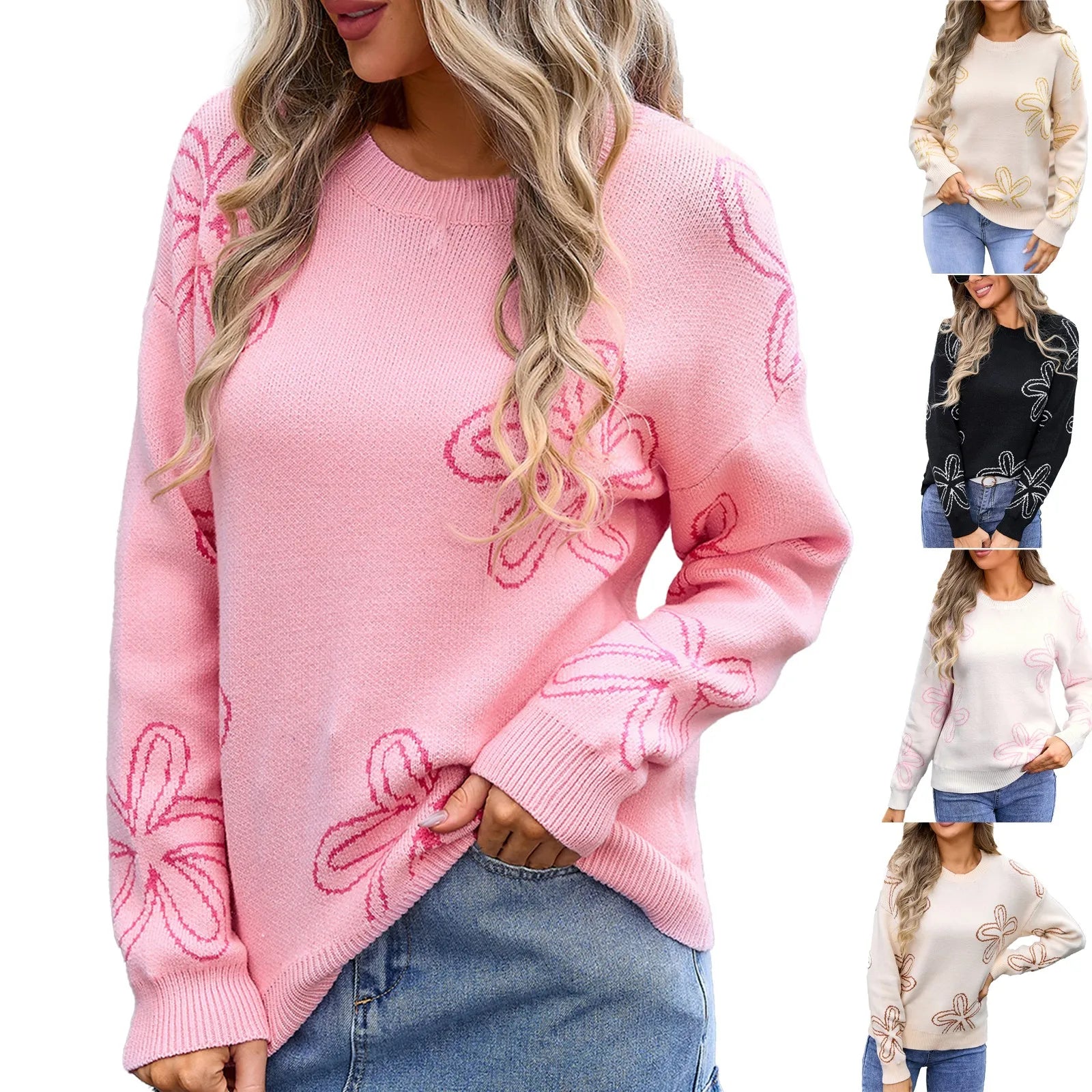 Sweaters- Floral Crewneck Sweater - Cozy Knit Jumper for Women- - IndioGear.com