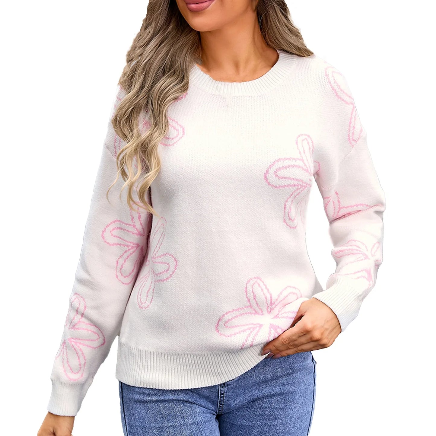 Sweaters- Floral Crewneck Sweater - Cozy Knit Jumper for Women- Pink- IndioGear.com