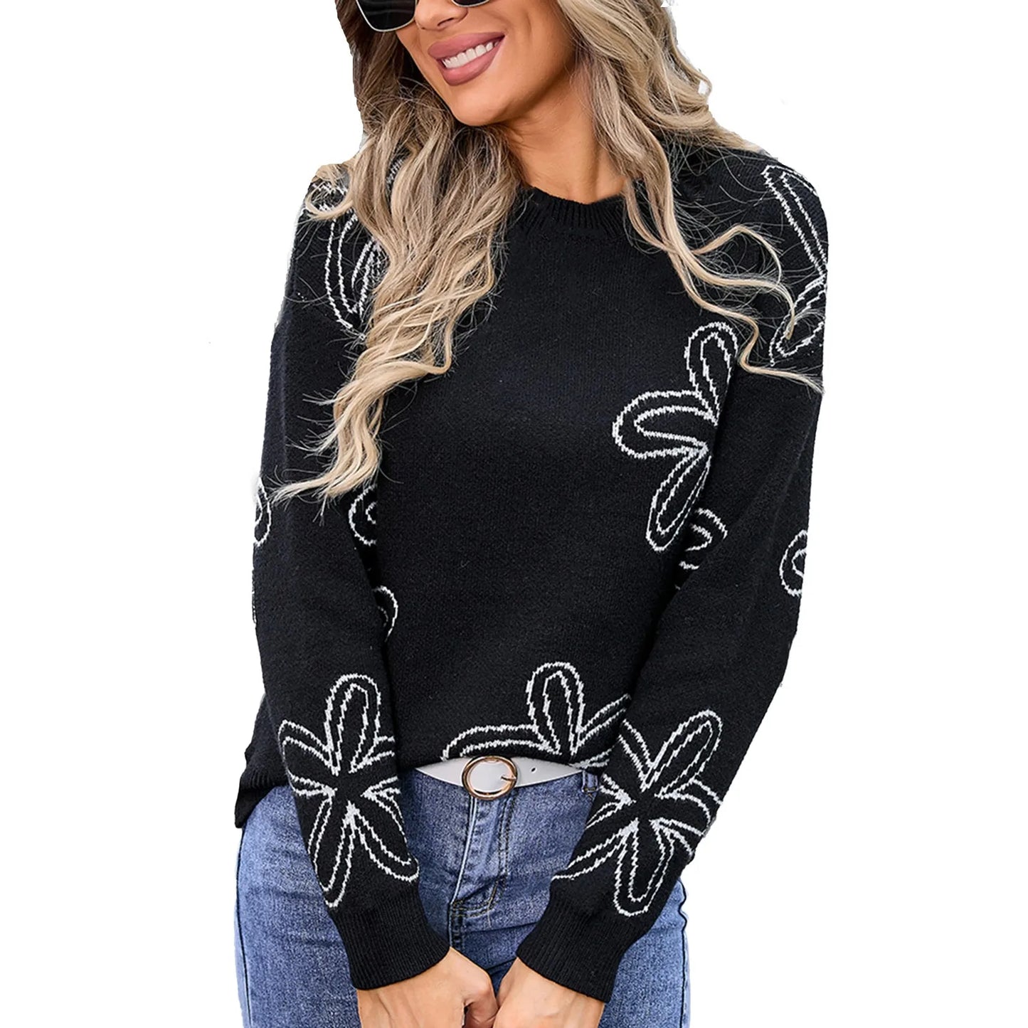 Sweaters- Floral Crewneck Sweater - Cozy Knit Jumper for Women- Black- IndioGear.com