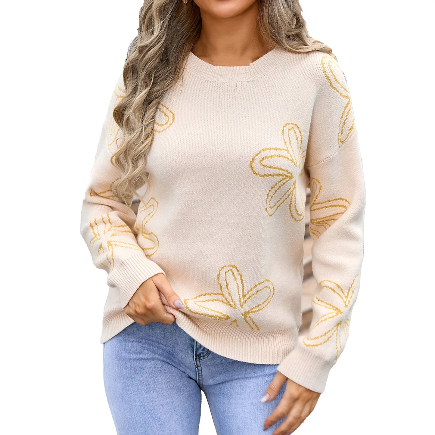 Sweaters- Floral Crewneck Sweater - Cozy Knit Jumper for Women- Yellow- IndioGear.com