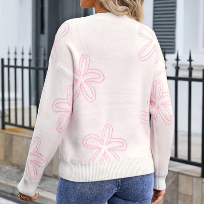 Sweaters- Floral Crewneck Sweater - Cozy Knit Jumper for Women- - IndioGear.com