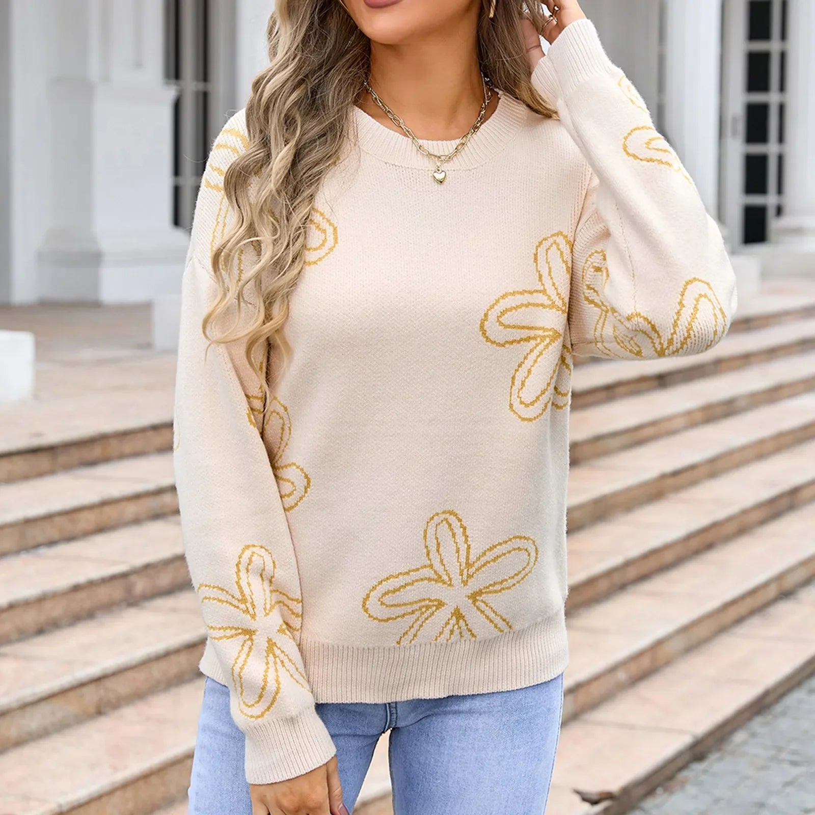 Sweaters- Floral Crewneck Sweater - Cozy Knit Jumper for Women- - IndioGear.com